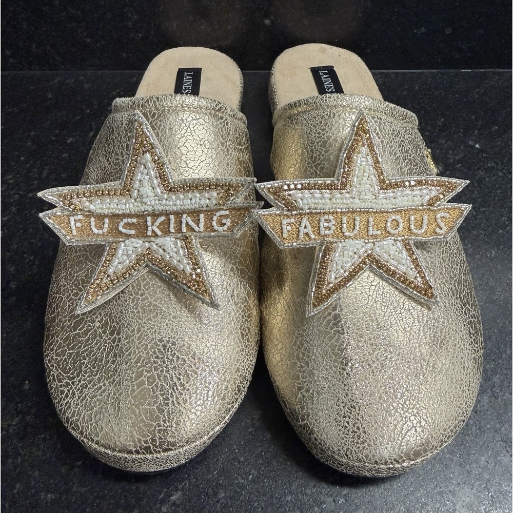 Laines London Gold Classic Mules Beaded "F***ing Fabulous" Star Slippers Size M